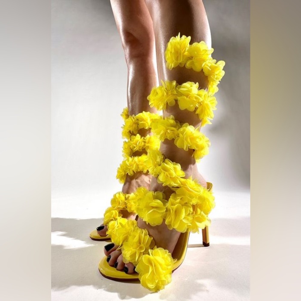 Azalea Wang Yellow Floral Leather Mesh Flower High Heels